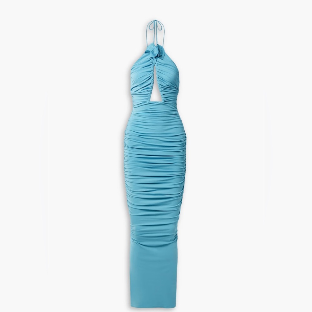 Magda Butrym Appliquéd Cutout Ruched Stretch-Jersey Halterneck Maxi Dress